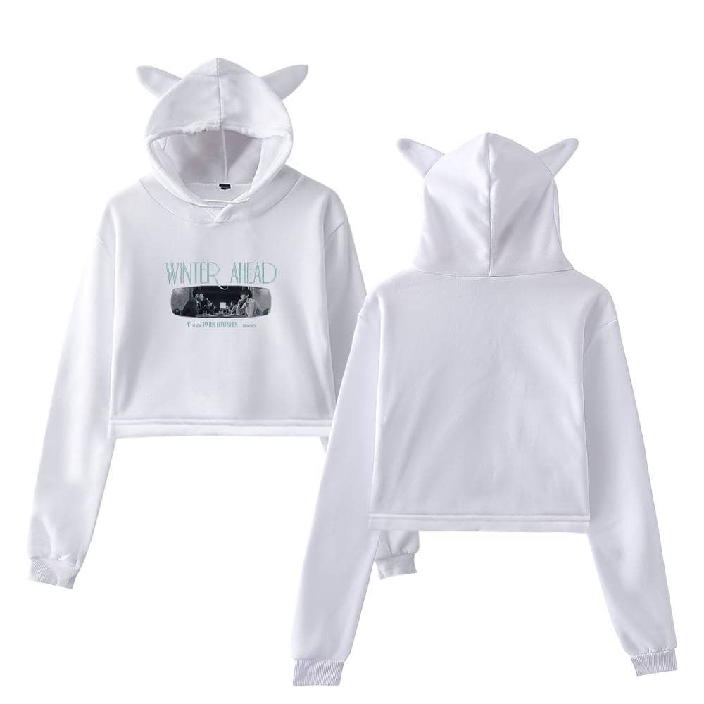 White hoodie with unicorn ears and "Winter Ahead" graphic, trendy Justin Bieber swag merch, casual streetwear style, unisex sweatshirt for fans, cozy winter outfit.