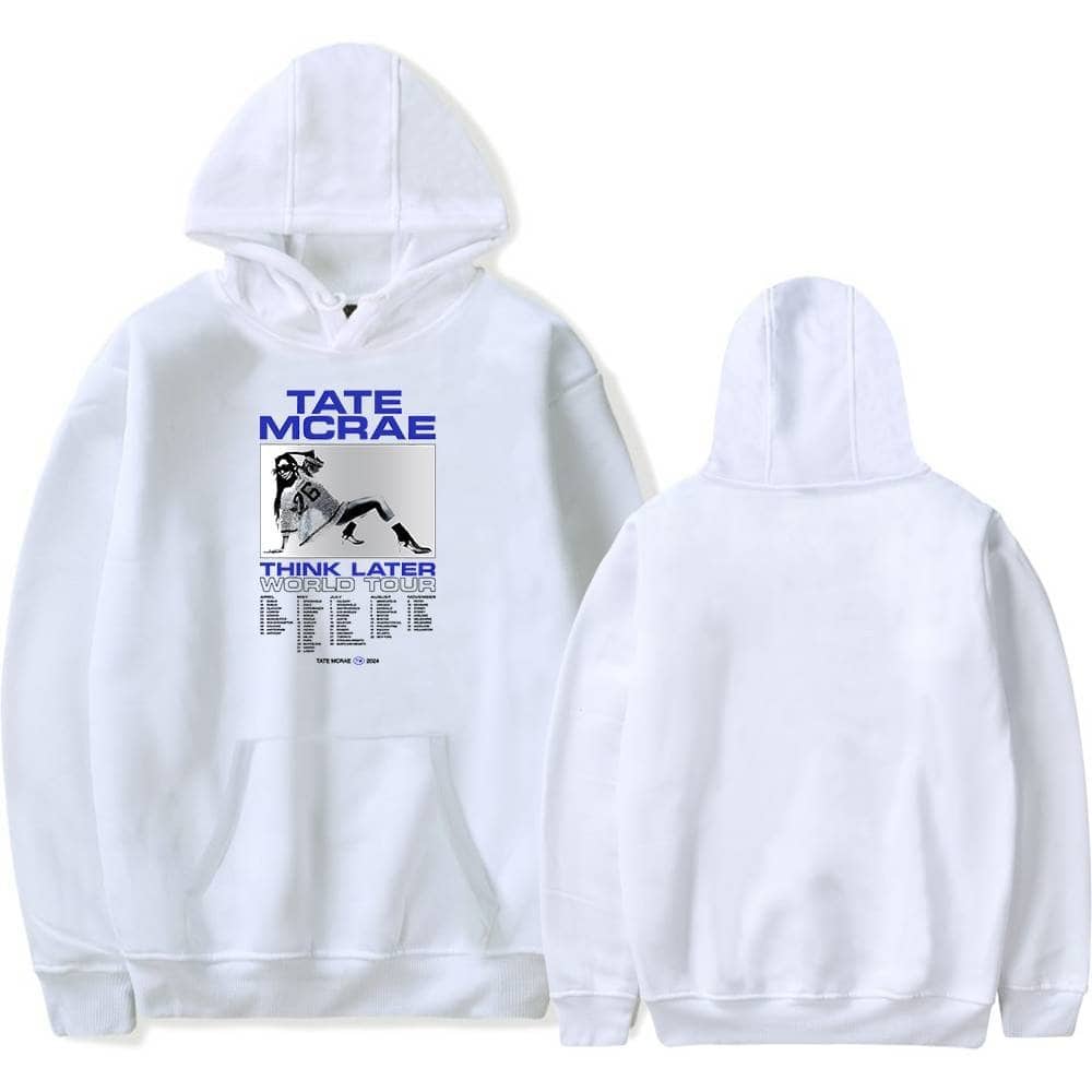 Tate McRae sweatshirt with graphic print of her performing on stage, featuring bold text and tour details, perfect for Justin Bieber swag merch fans.