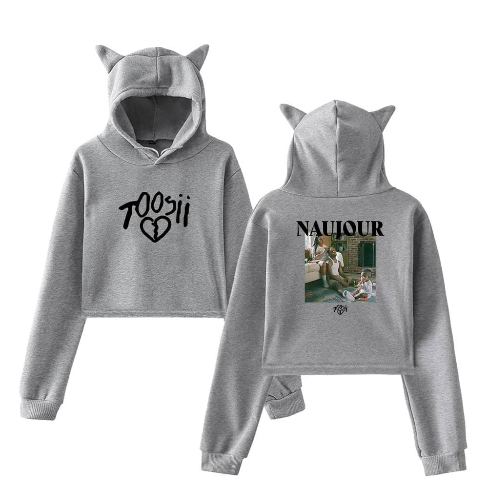 Soft grey hoodie and sweatpants set featuring playful graphic designs and adorable cat ear hoods, inspired by Justin Bieber's swag merch style. Perfect for casual fashion and fans of trendy streetwear.