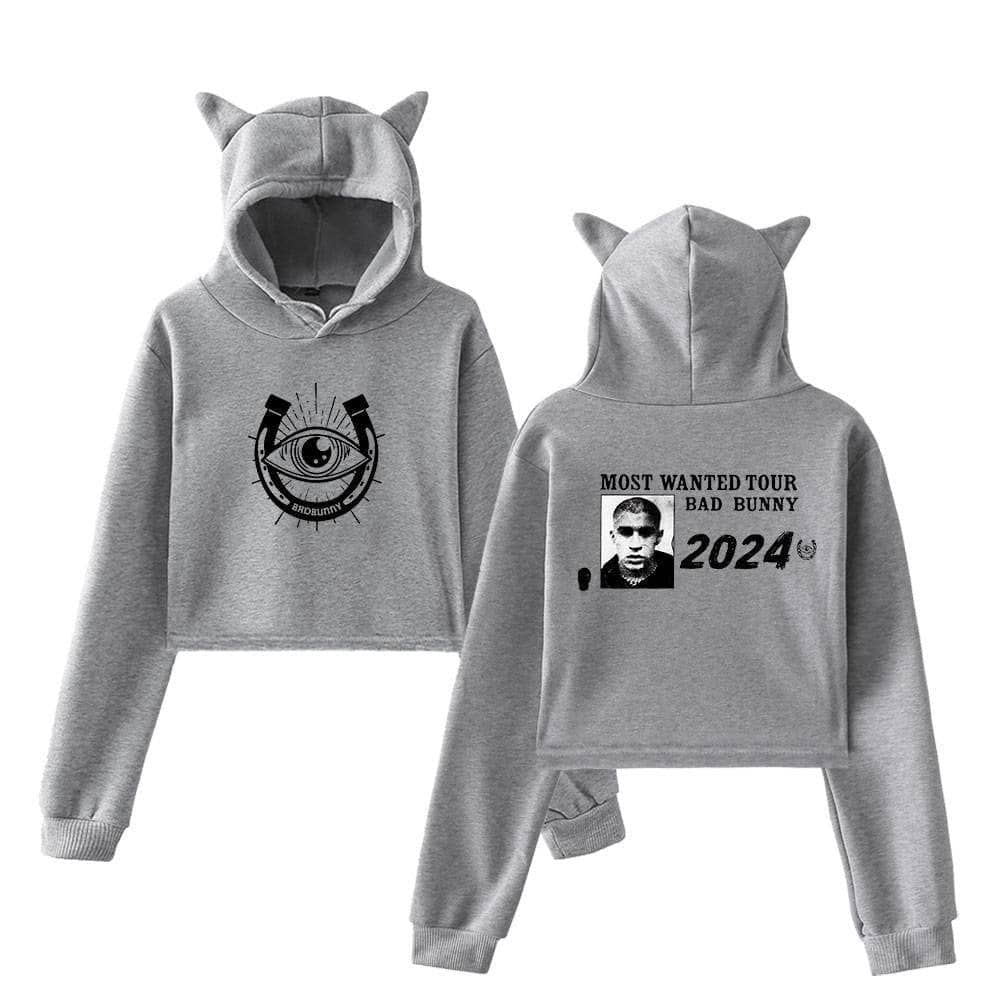 Hooded sweatshirt set with cat ears and eye graphic, perfect for Justin Bieber swag merch fans. Unisex design featuring edgy print and comfortable fit for a trendy streetwear look.