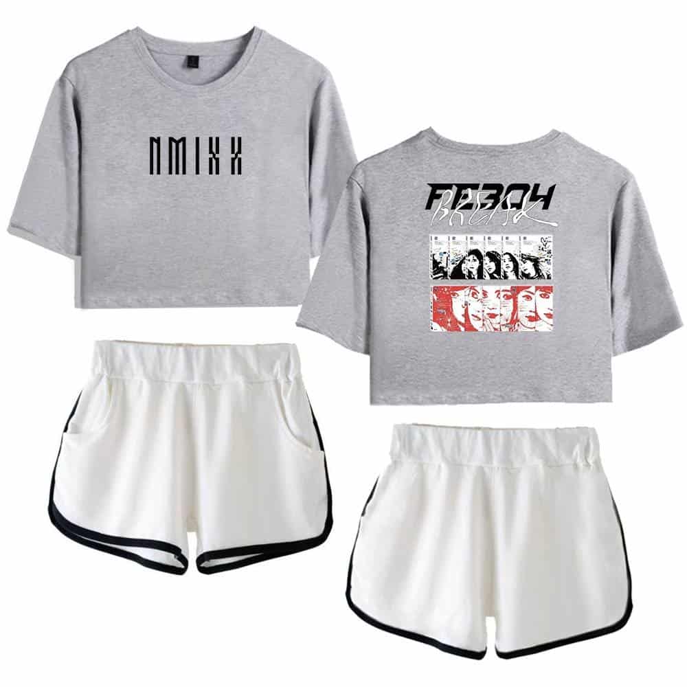 Comfortable casual sweatshirts featuring Justin Bieber graphics and text, paired with sporty white shorts with black trim, ideal for fans wanting stylish swag merch.