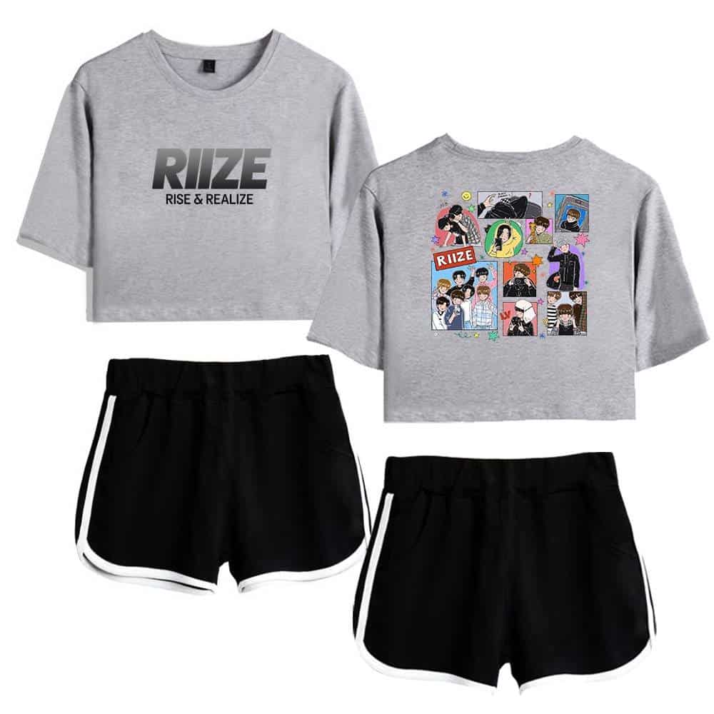 RUIZE grey cropped sweatshirt with bold text and a graphic print back design, paired with black athletic shorts with white trim. Casual, trendy Justin Bieber swag merch look.