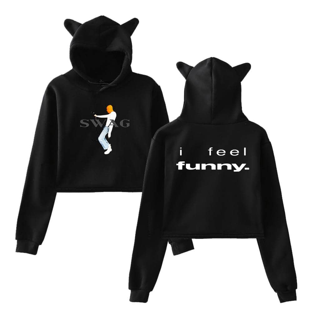 Sweatshirt with Justin Bieber swag and humorous text, hoodie with cat ears and graphic design, trendy streetwear merchandise, modern casual apparel for teens and young adults.