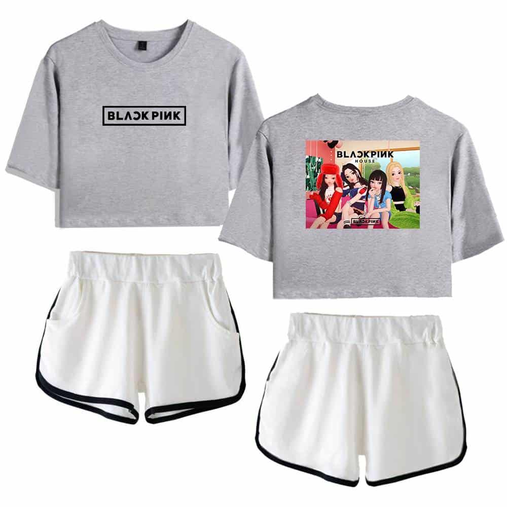 Blackpink swag merchandise set featuring graphic crop tops and athletic shorts in gray and white. Perfect for fans to showcase their love for the K-pop girl group in style.