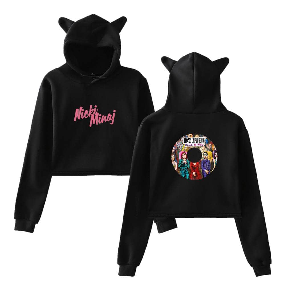 Nicki Minaj black hooded sweatshirt with cat ears and graphic print.