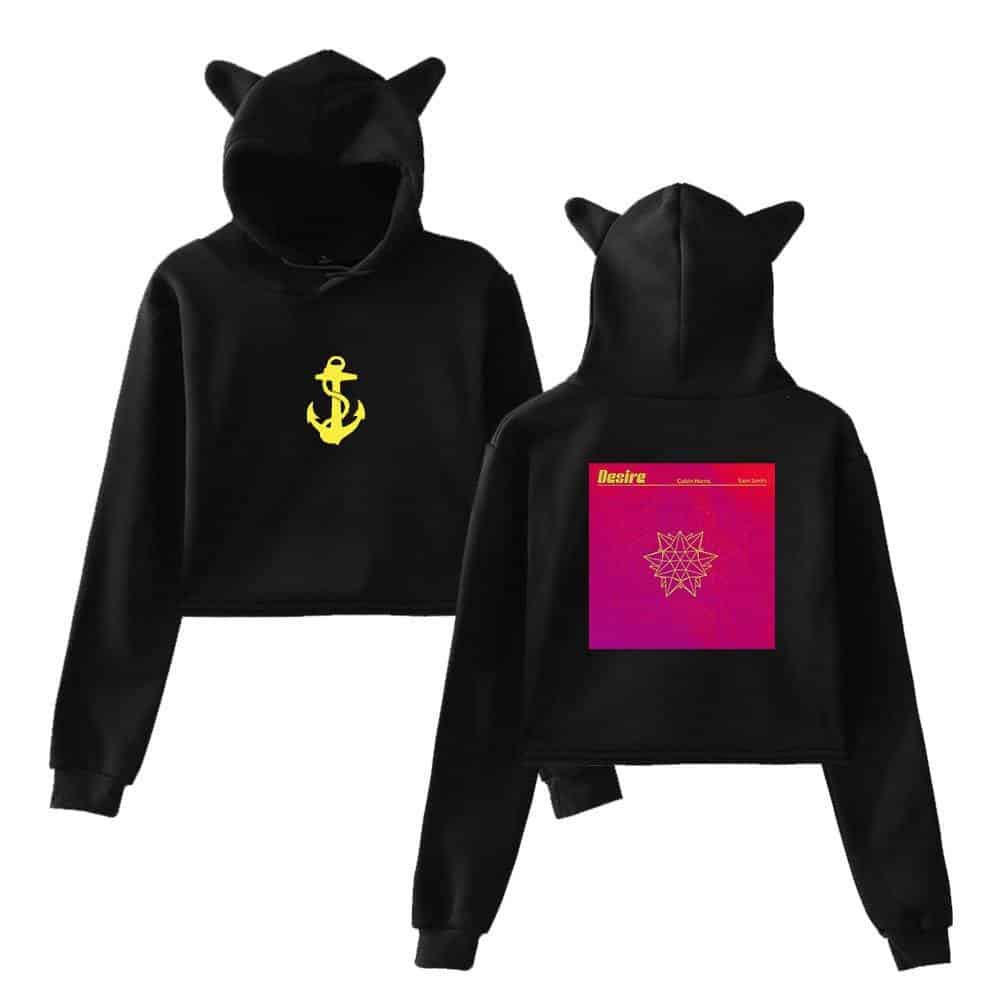 Bold black hoodie featuring a yellow anchor graphic on the front and a vibrant pink and yellow graphic with geometric design on the back, perfect for Justin Bieber swag merch fans.