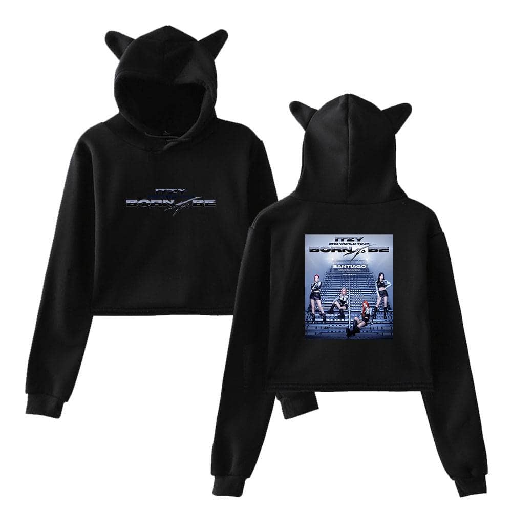 Born to Be Justin Bieber swag hoodie with animal ears, featuring concert tour graphics.