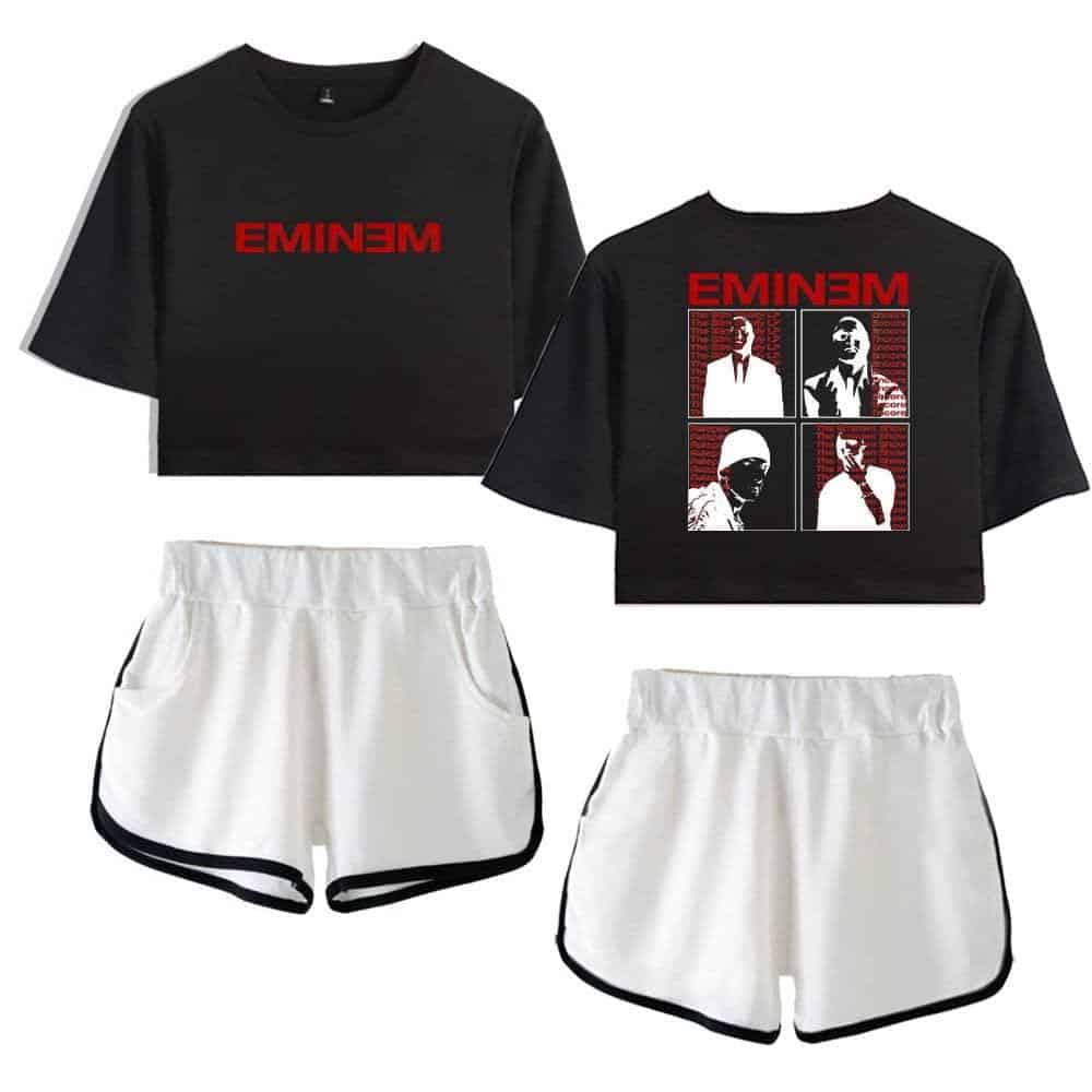 EMINEM black and white graphic crop top and shorts set, perfect for streetwear swag and music fans.