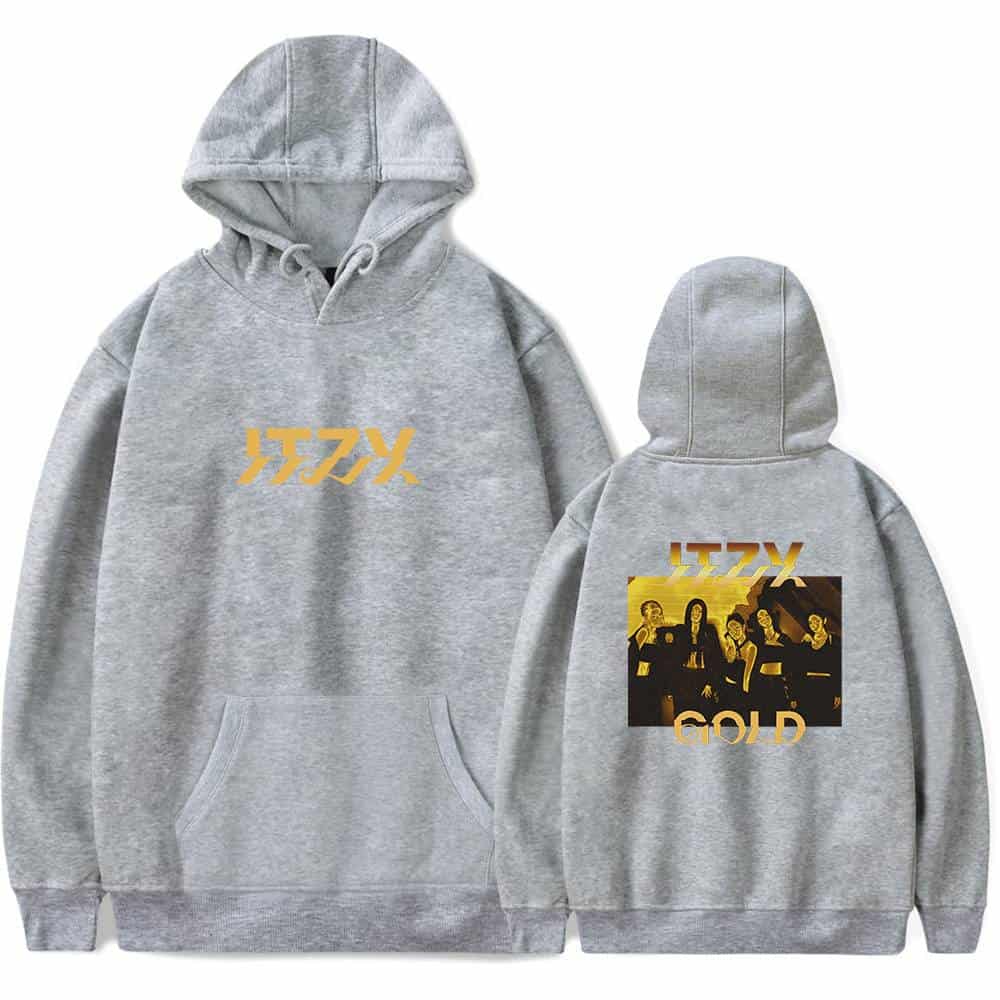 Soothing grey hoodie featuring Justin Bieber-inspired "Swag" graphic in gold, with a bold back print showcasing a group photo of the artist and "GOLD" text. Perfect for fans of Justin Bieber's merchandise.