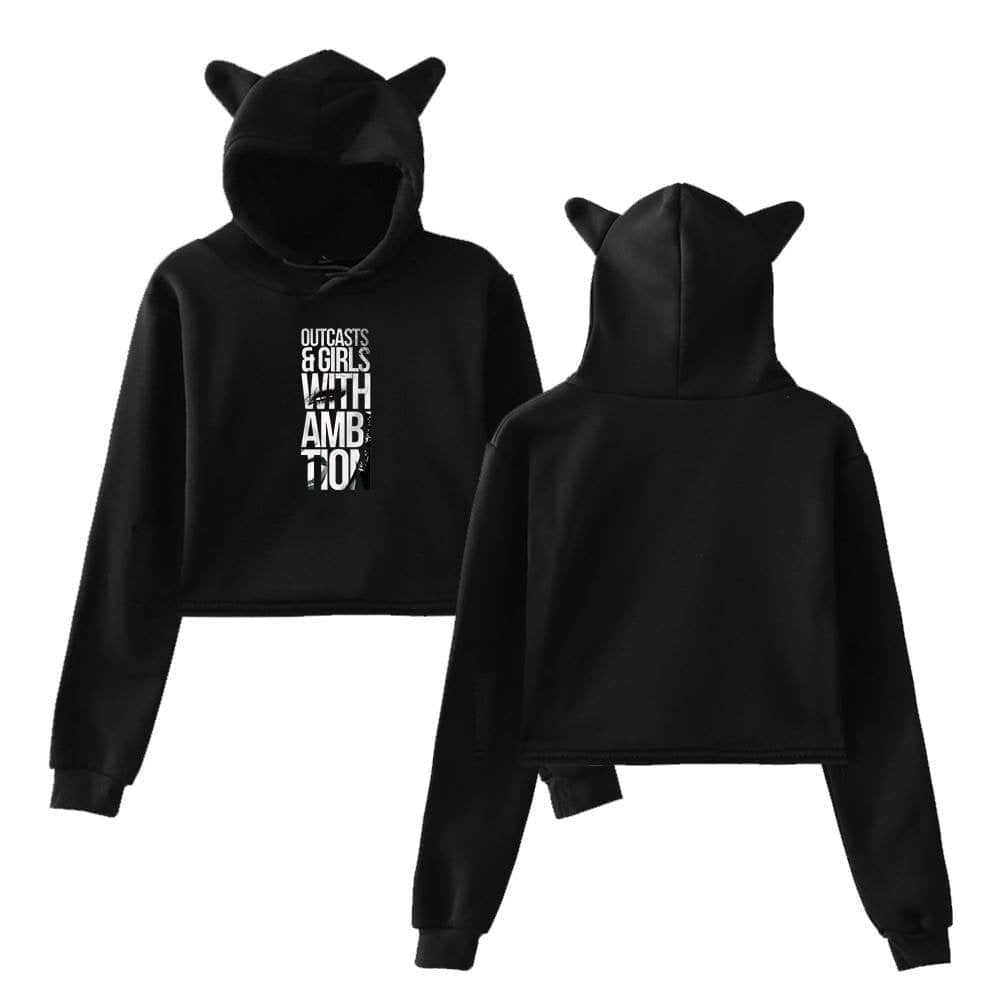 Black hoodie with "Outcasts & Girls with Ambition" graphic and playful cat ear hood design, perfect for Justin Bieber swag merchandise fans. Stylish and trendy streetwear.