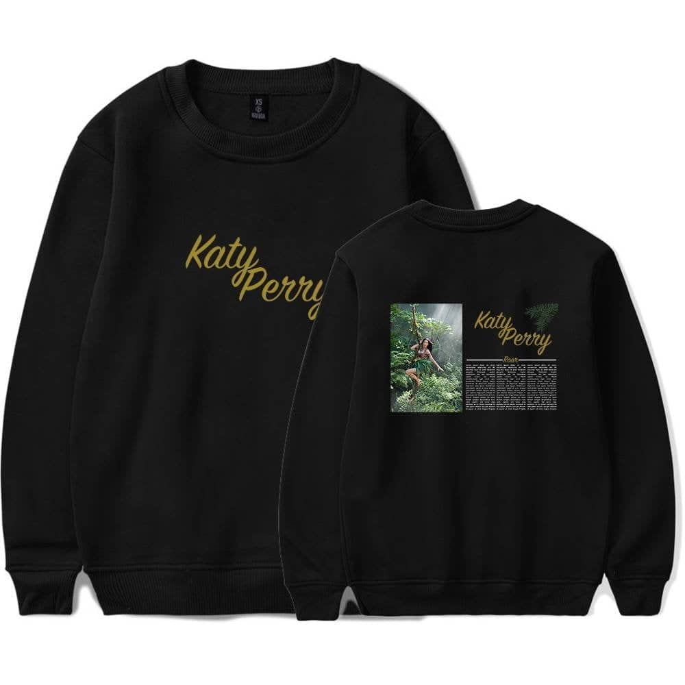 Katy Perry swag hoodie featuring her name in stylish gold lettering on the front and a vibrant image of her in nature on the back, perfect for fans and streetwear enthusiasts.