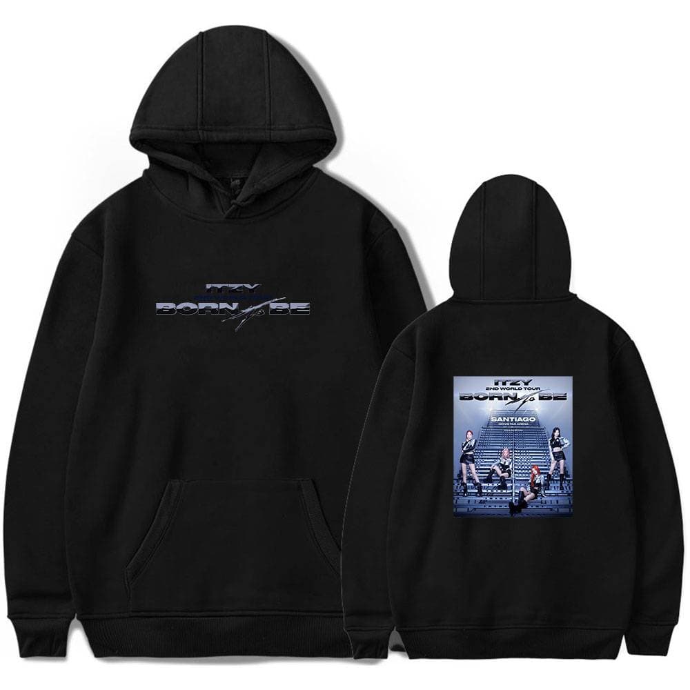 Black hoodie featuring Justin Bieber's tour image and "Born to Be" text, perfect for swag merch collection.
