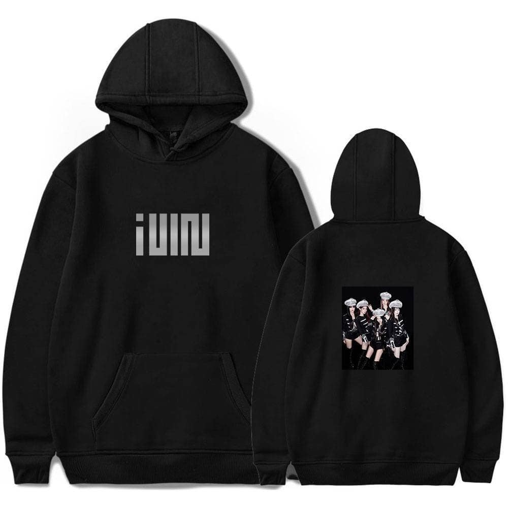 Black hoodie with Justin Bieber swag graphic print and a photo of a girl group on the back, stylish streetwear merch.