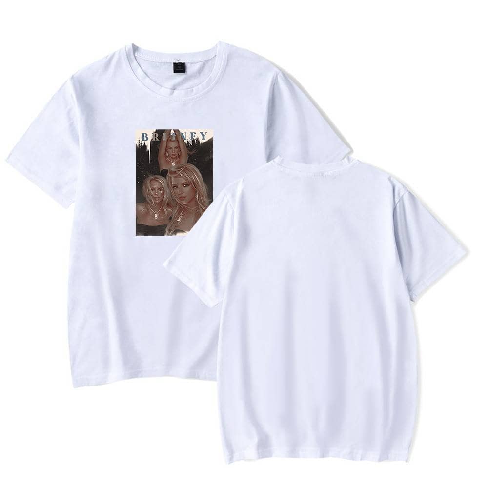 Justin Bieber swag merch t-shirt featuring a graphic print of Britney Spears and artistic design. Perfect for fans wanting stylish, trendy merchandise. Casual and chic, ideal for streetwear.