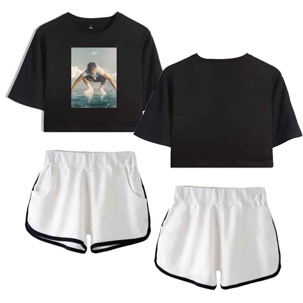 Black cropped t-shirt with Justin Bieber graphic print and white athletic shorts with black trim, perfect for swag style; streetwear-inspired casual outfit for fans of Justin Bieber.
