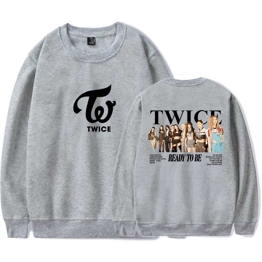 Twice logo sweatshirt with group photo and song titles on the back, gray casual wear inspired by K-pop group TWICE, perfect for fans of Justin Bieber swag merch, trendy and stylish for everyday wear.