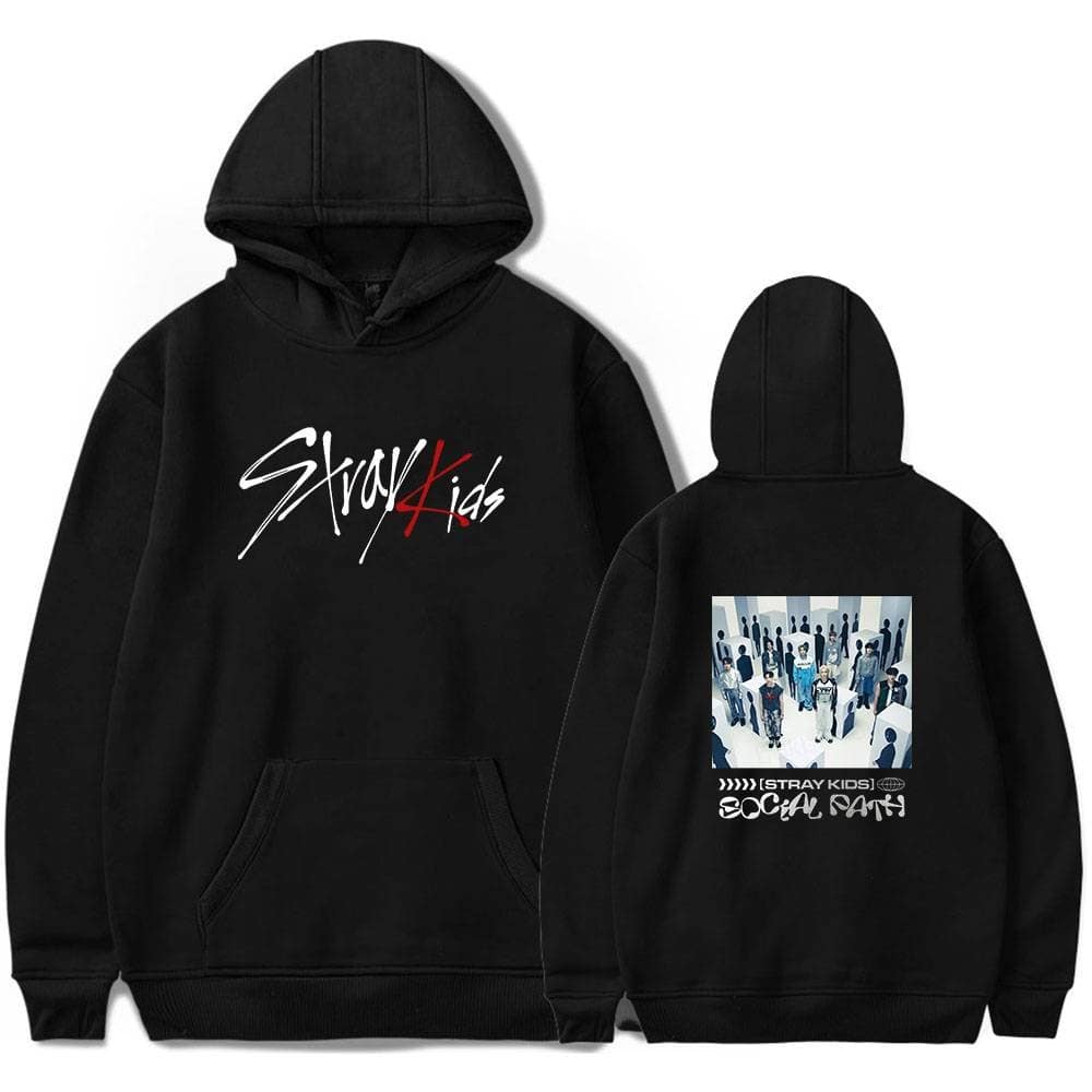 Black hoodie featuring "Stray Kids" logo and social party design, perfect for fans of Justin Bieber swag merch and K-pop fashion.