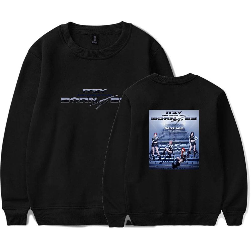 Black Justin Bieber swag merchandise sweatshirt featuring concert-themed graphics and bold text. Perfect for fans looking to sport stylish, trendy apparel inspired by the singer's tours.