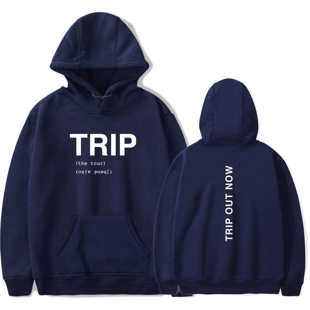 TRIP hoodie featuring bold white text and a front pocket, perfect for Justin Bieber fans seeking swag merch.