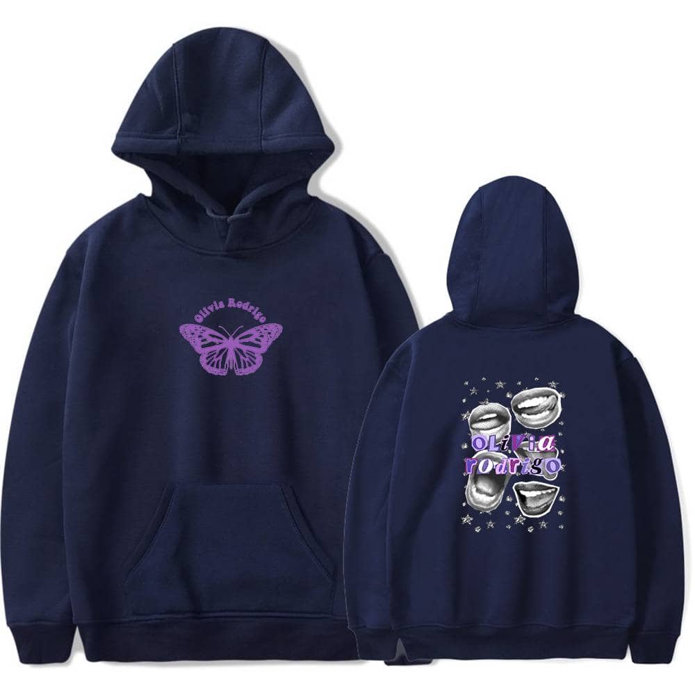 Butterfly Olivia Rodrigo hoodie with colorful graphics and bold text, perfect for fans of trendy music merch.