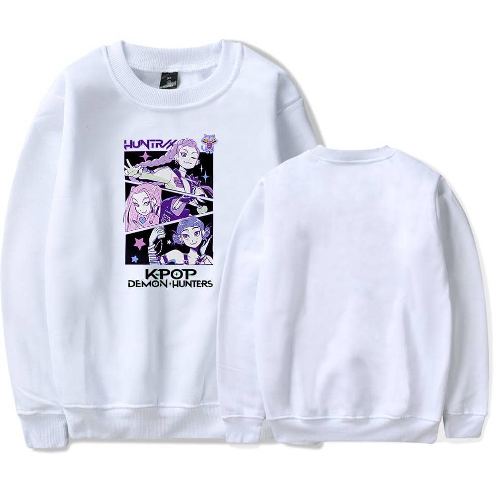 K-pop Demon Hunters sweatshirt featuring animated characters in purple tones with "HUNT" text and a cute owl design on a white background. Perfect for fans of pop culture and streetwear fashion.
