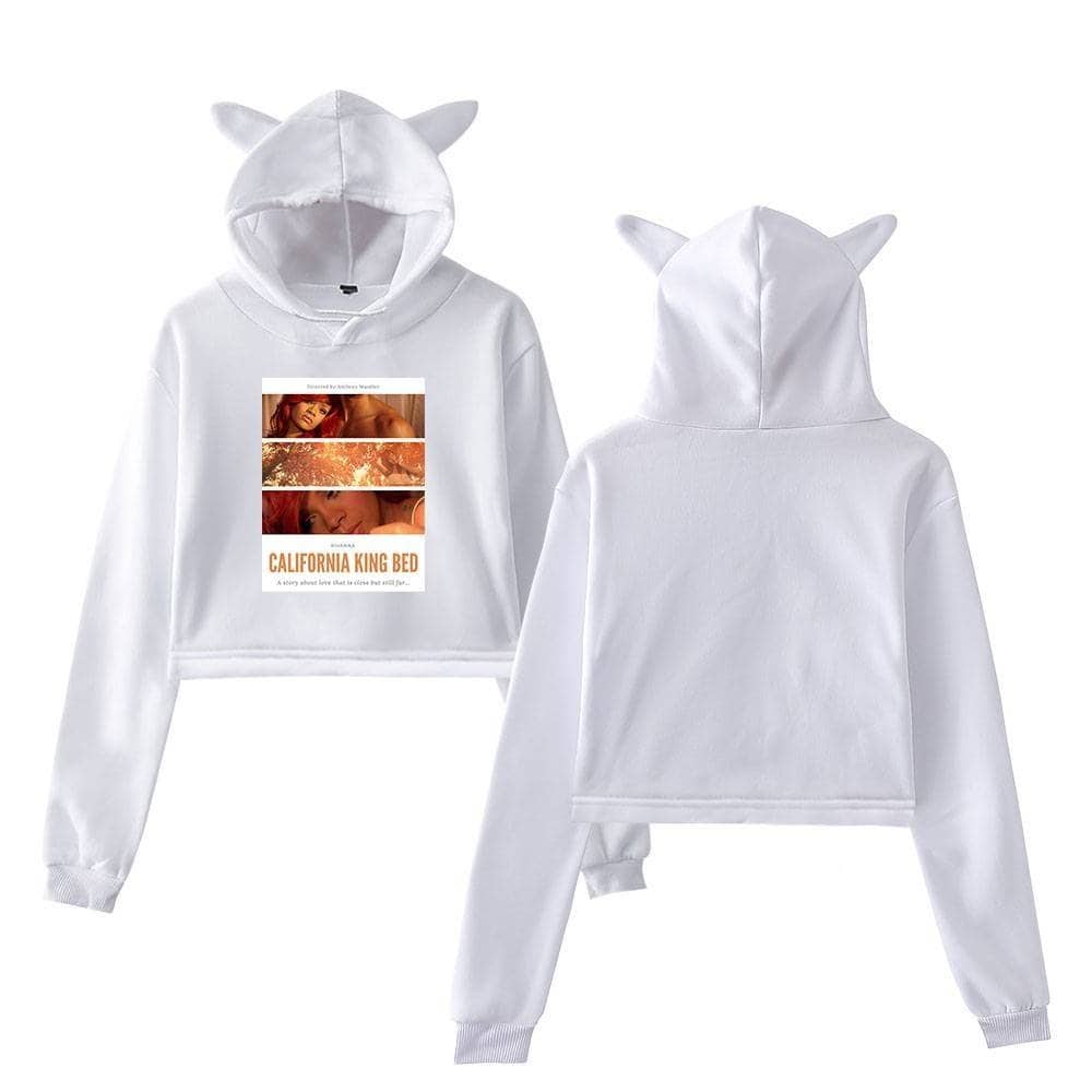 White hoodie with cat ears and a California King Bed graphic from the album, perfect swag merch for Justin Bieber fans.