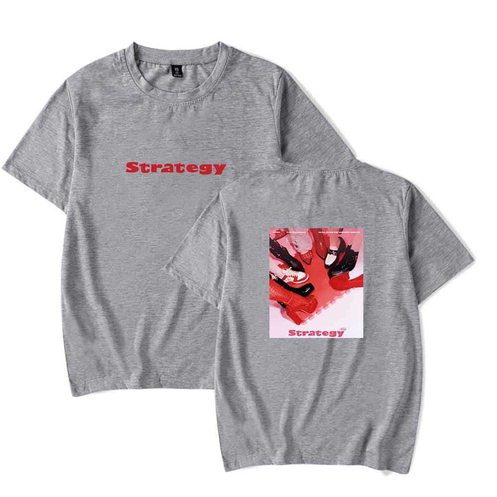 Strategy t-shirt with red text and graphic print featuring various stylish shoes, trendy and fashionable Justin Bieber swag merch, perfect for fans of his apparel collection.