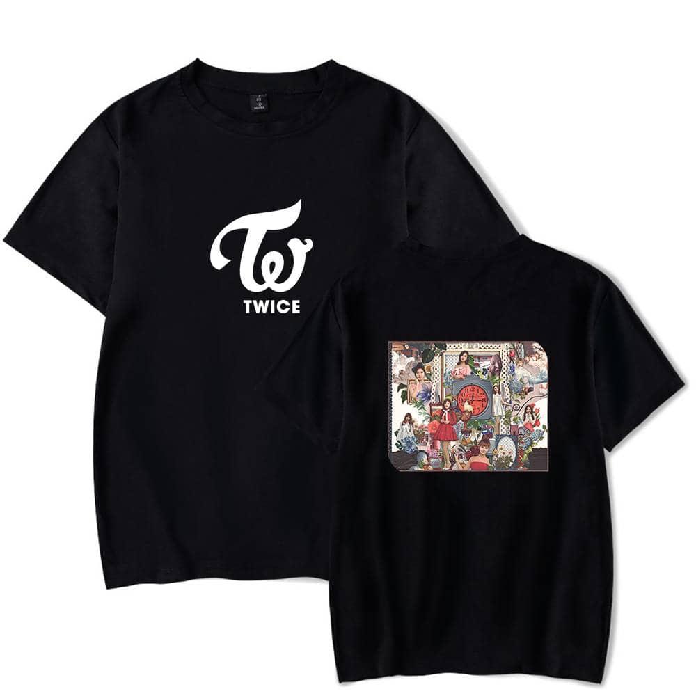 Twice logo graphic black t-shirts featuring stylish designs, perfect for K-pop fans and fashion enthusiasts.
