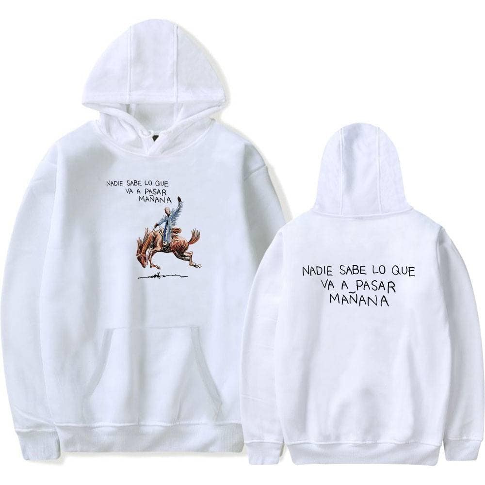 Unique white hoodie featuring a graphic of a person riding a horse, with the phrase "Nadie sabe lo que va a pasar mañana" on both front and back, perfect for Justin Bieber swag merch fans.