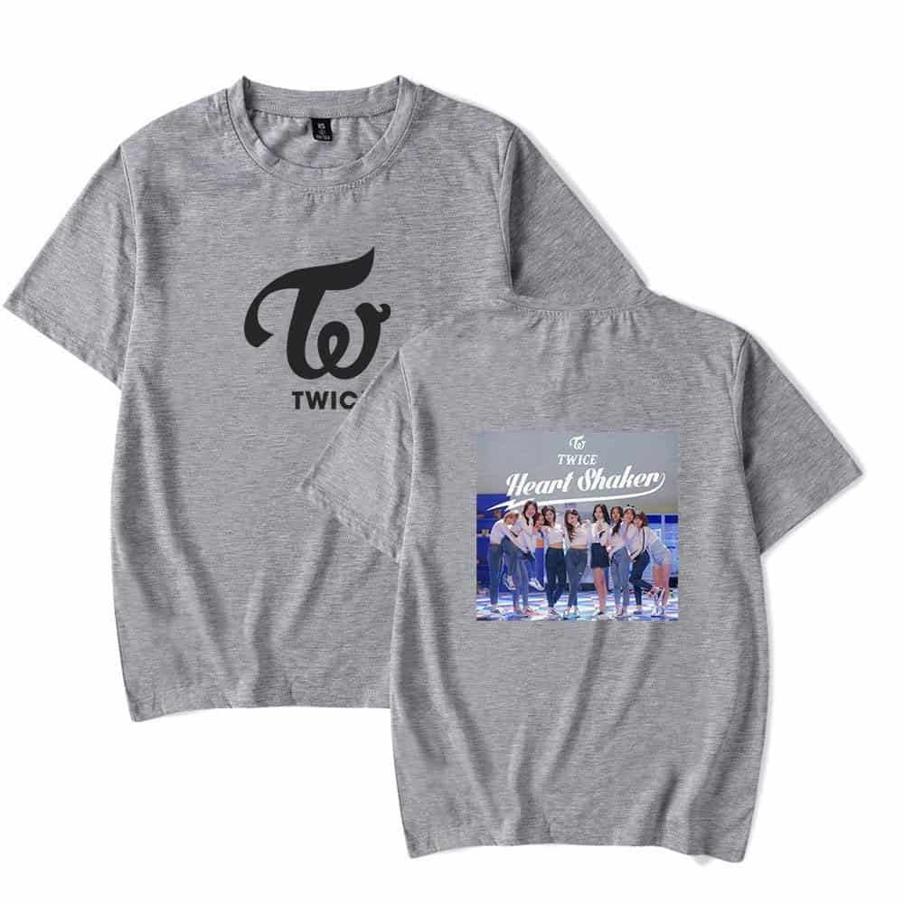 Twice swag merchandise t-shirt with group photo and logo design.