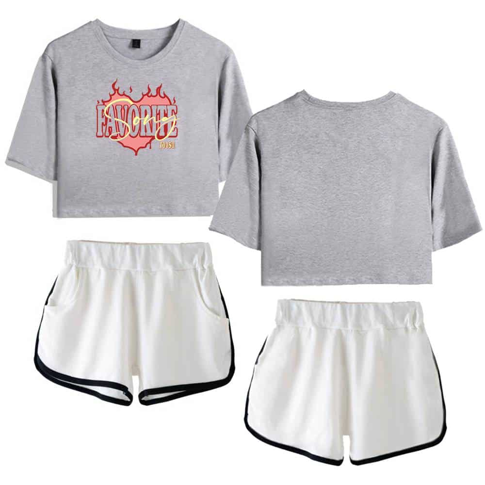 Adidas-inspired Justin Bieber swag graphic crop top and athletic shorts set for fans of trendy streetwear and music merchandise.