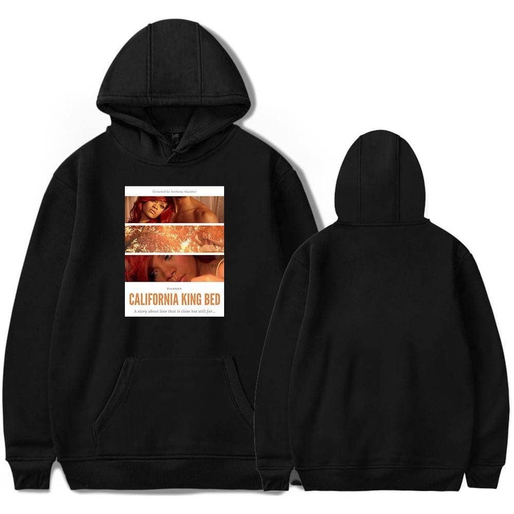 Black hoodie featuring Rihanna-inspired "California King Bed" album cover art, perfect for Justin Bieber swag merch fans seeking stylish streetwear.