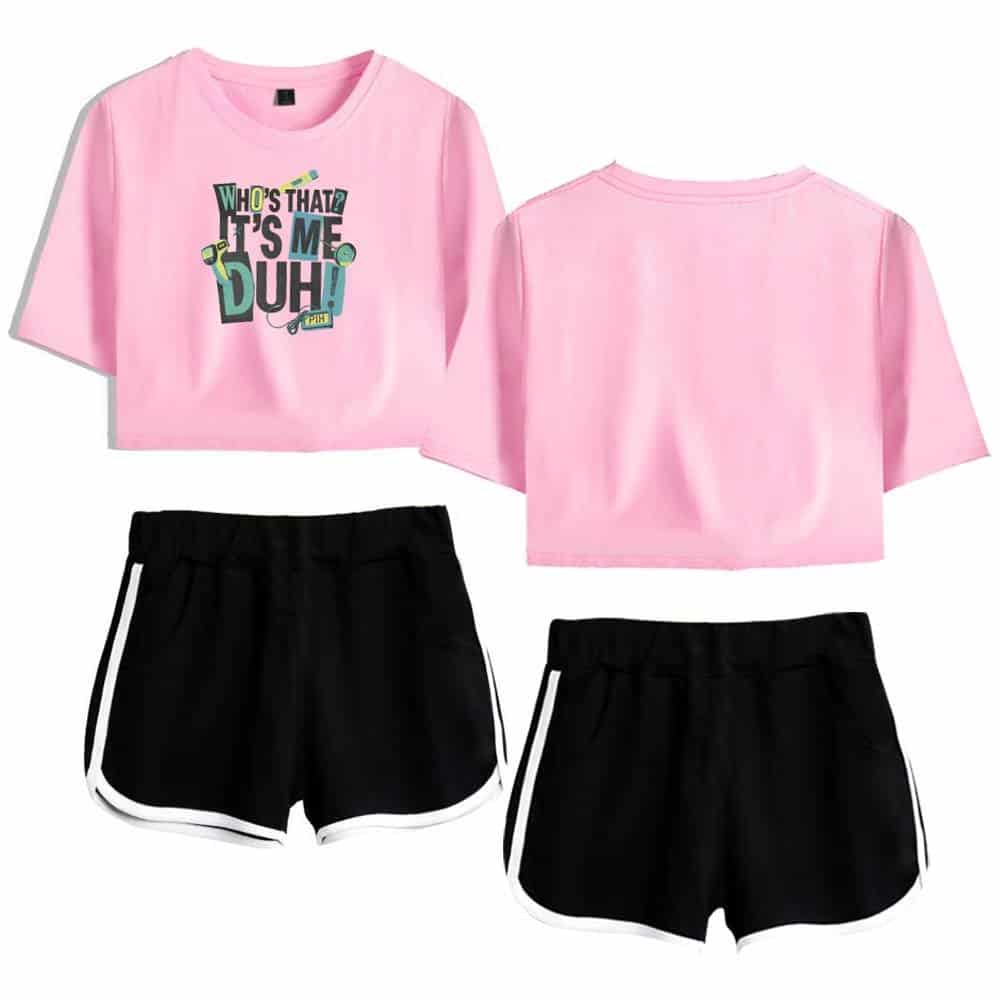Pink cropped t-shirt with graphic text "WHO'S THAT? IT'S ME DUH!" and black athletic shorts with white trim, casual Justin Bieber swag merchandise set.
