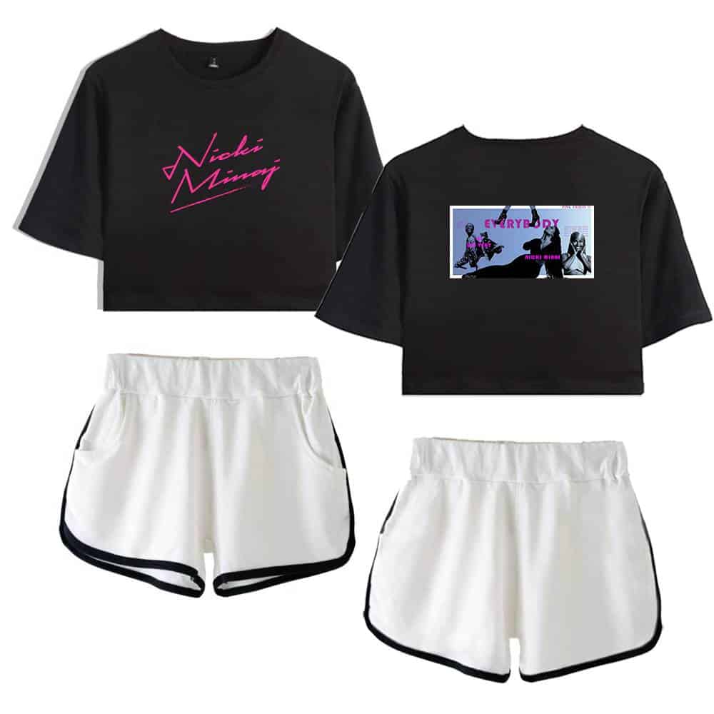 Nicki Minaj swag merchandise set including black cropped T-shirts with vibrant graphic prints, paired with stylish white athletic shorts with black trim. Perfect for fans of hip-hop fashion and celebrity-inspired streetwear.