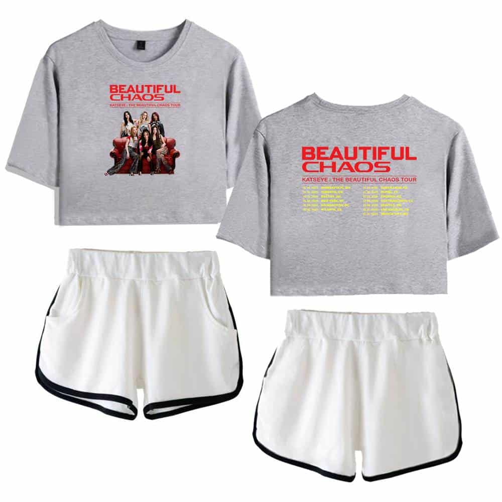 Gray cropped T-shirt with girl band graphic print, casual style.