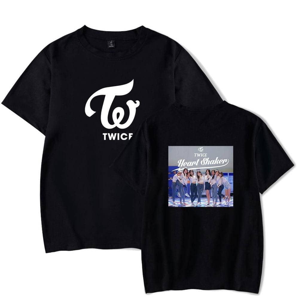Black TWICE merchandise T-shirt with group photo and logo, trendy swag music fan apparel, official K-pop idol group, comfortable casual wear, stylish concert or fan event outfit, unique pop star merchandise, exclusive collector's item, vibrant design printed on black cotton fabric, perfect for fans of TWICE, music lovers, idol culture enthusiasts.