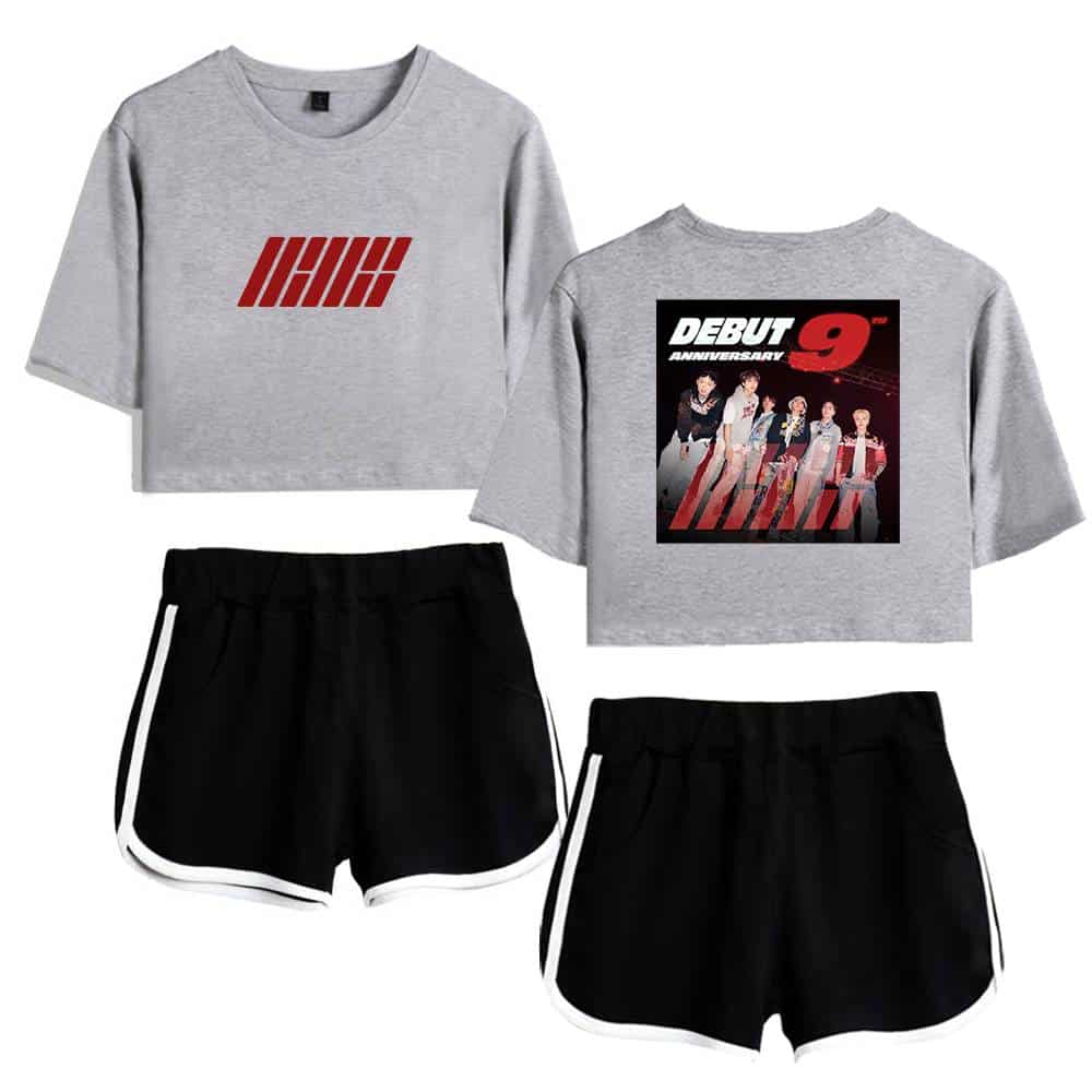 IHHi graphic sweatshirt with bold red lettering, and a youth-sized grey cropped sweatshirt featuring a debut anniversary graphic with a boy band design, paired with black athletic shorts with white trim, embodying Justin Bieber swag merch.