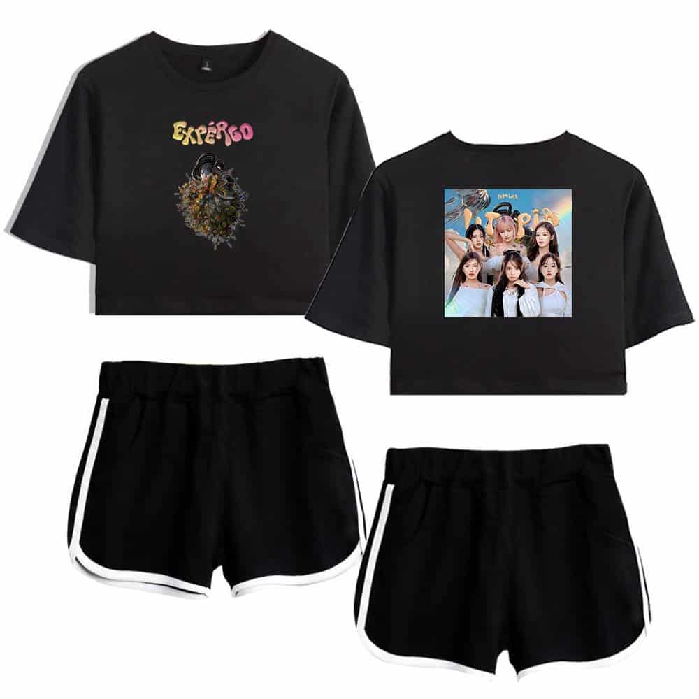 Black crop top with colorful graphic design, featuring the word "EXIERGO" and floral elements.