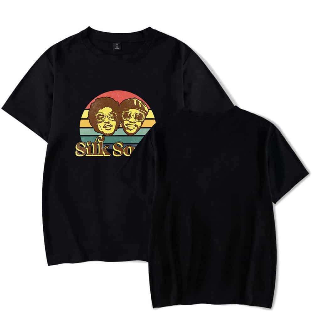 Silk Sonic graphic t-shirt with retro style artwork of two faces and vintage sunset stripes, showcasing Justin Bieber swag merch vibe.