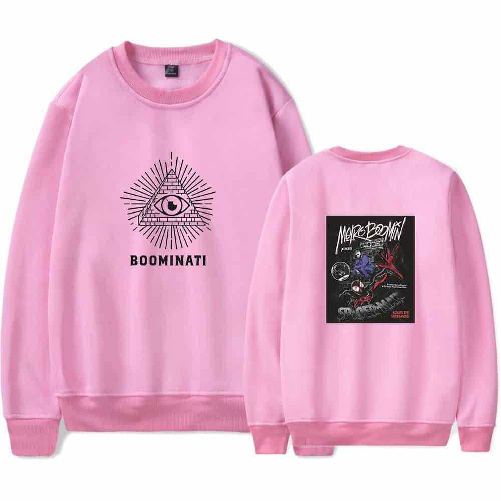 Allpink sweatshirt with boominati eye graphic front and spiderman-themed back design.