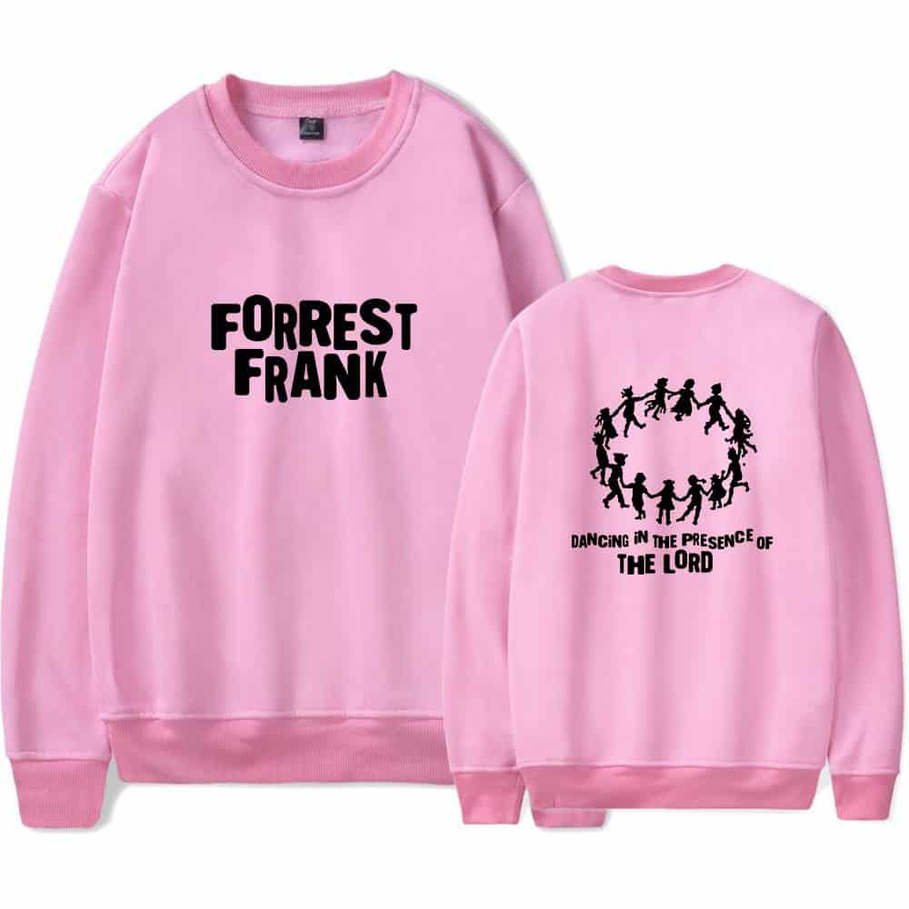 Forrest frank swag merch sweatshirt in pink with bold black text and a playful silhouette design.