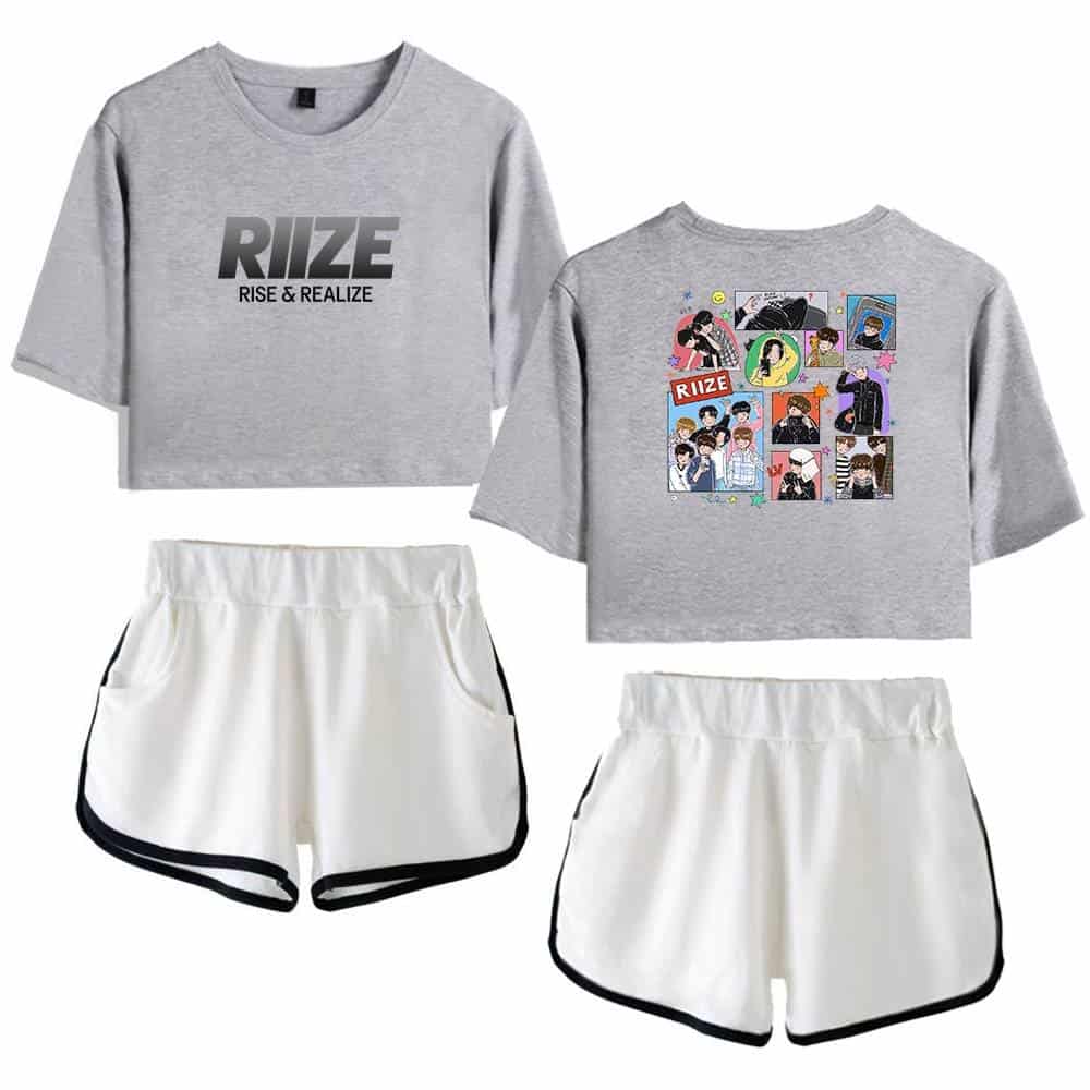 Riize swag merchandise featuring graphic t-shirts and athletic shorts for fans of K-pop style and Justin Bieber-inspired fashion, perfect for casual and trendy outfits.