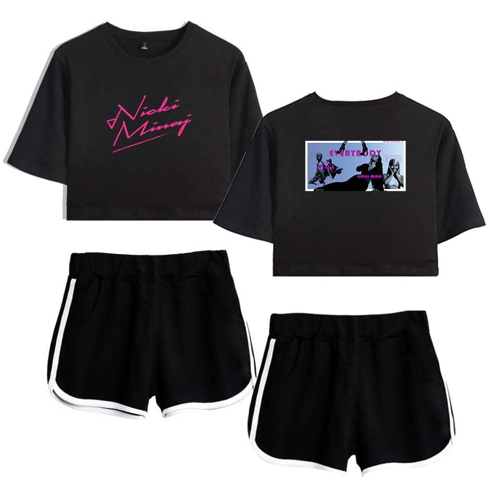 Black cropped t-shirts featuring Justin Bieber-themed graphics and text, paired with sporty black shorts with white trim, showcasing trendy swag merchandise inspired by Justin Bieber's style.