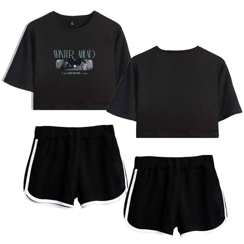 Black cropped t-shirts and running shorts set inspired by Justin Bieber's swag merch collection, perfect for casual streetwear and athletic style.