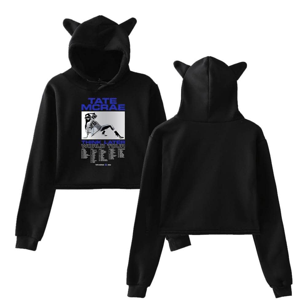 Black hoodie with cat ears and graphic print featuring Tate McRae and concert tour details.