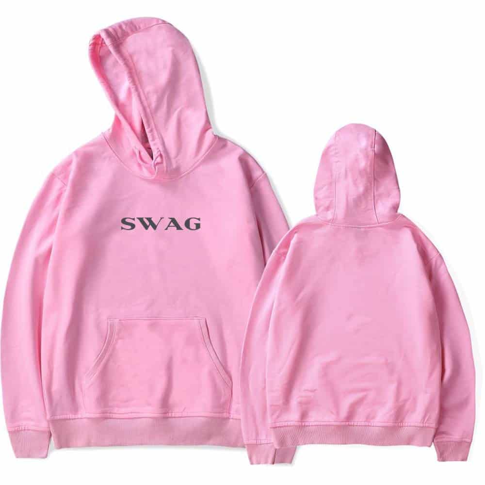 Pink hoodie with "SWAG" text, Justin Bieber swag merchandise, stylish and trendy urban streetwear casual unisex hoodie for fans and fashion lovers.
