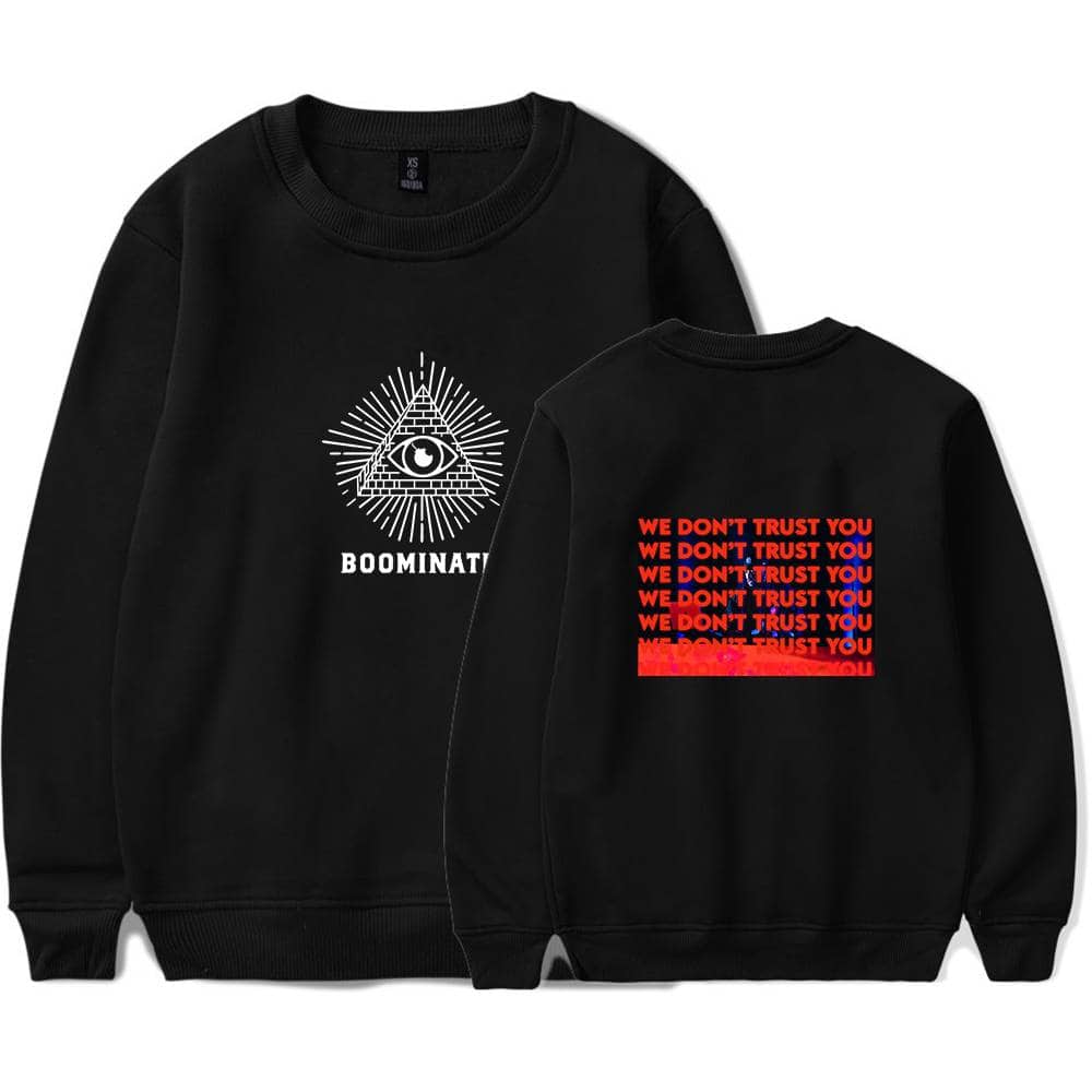 Illuminati eye and boom graphic sweatshirt with "BOOMNATION" text, styled as swag merchandise.