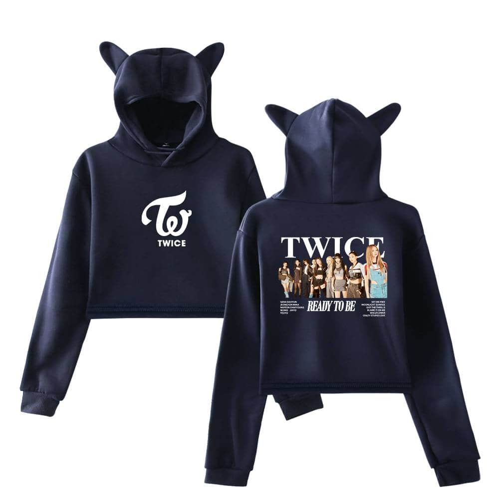 Twice swag hoodie with cat ears, featuring the group's logo and promotional print, perfect for fans of the K-pop girl group. Crafted with comfortable material, ideal for casual wear and showcasing fandom pride.