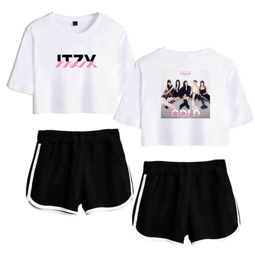 Bold white cropped t-shirt with black and pink graphic text and a printed photo of a girl group, paired with black athletic shorts with white trim, inspired by Justin Bieber swag merch style.