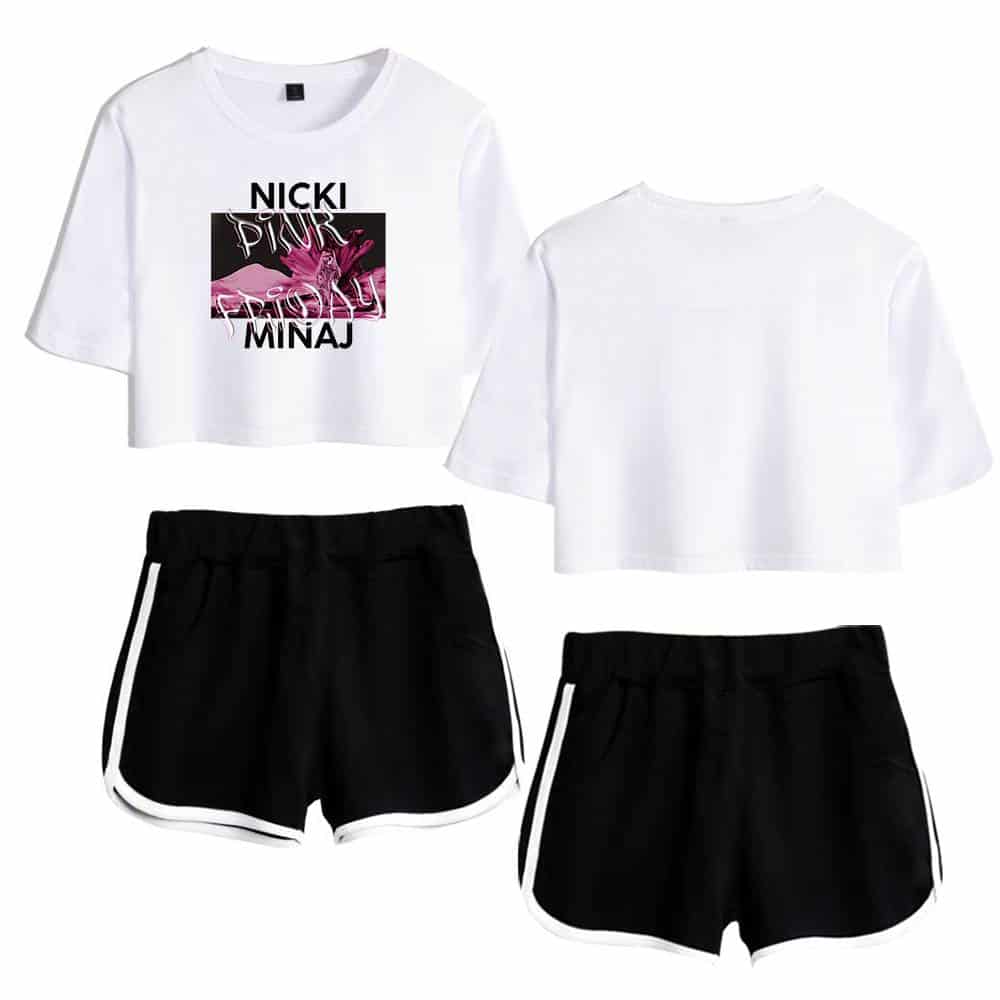 Black and white cropped t-shirt and shorts set, featuring a Nicki Minaj graphic print on the shirt, sporty and stylish swag merch for Justin Bieber fans looking for trendy streetwear styles, casual wear, and music-inspired fashion.